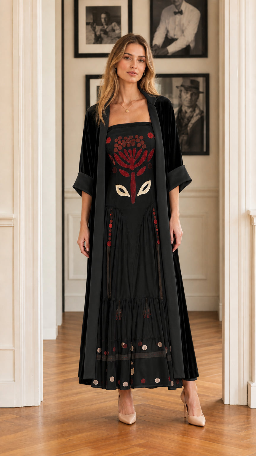 Classic black embroidered maxi dress with dark velvet long cardigan coat