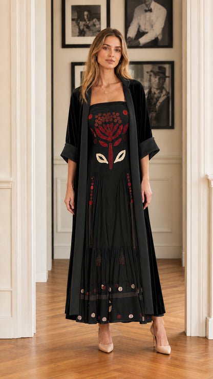 Classic black embroidered maxi dress with dark velvet long cardigan coat