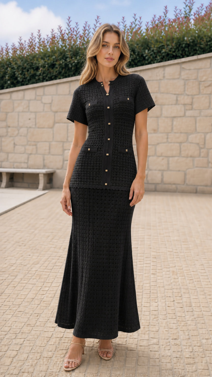 Model wearing black textured knit top and maxi skirt matching set
