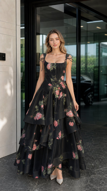 Woman wearing black floral tiered maxi dress