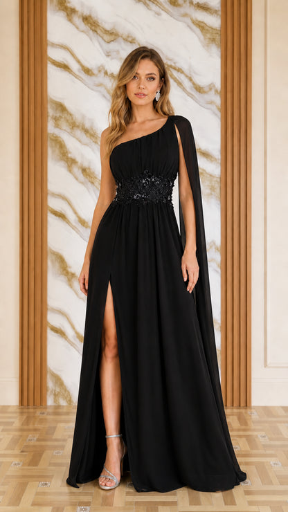 Front view of woman wearing black one-shoulder cape evening dress