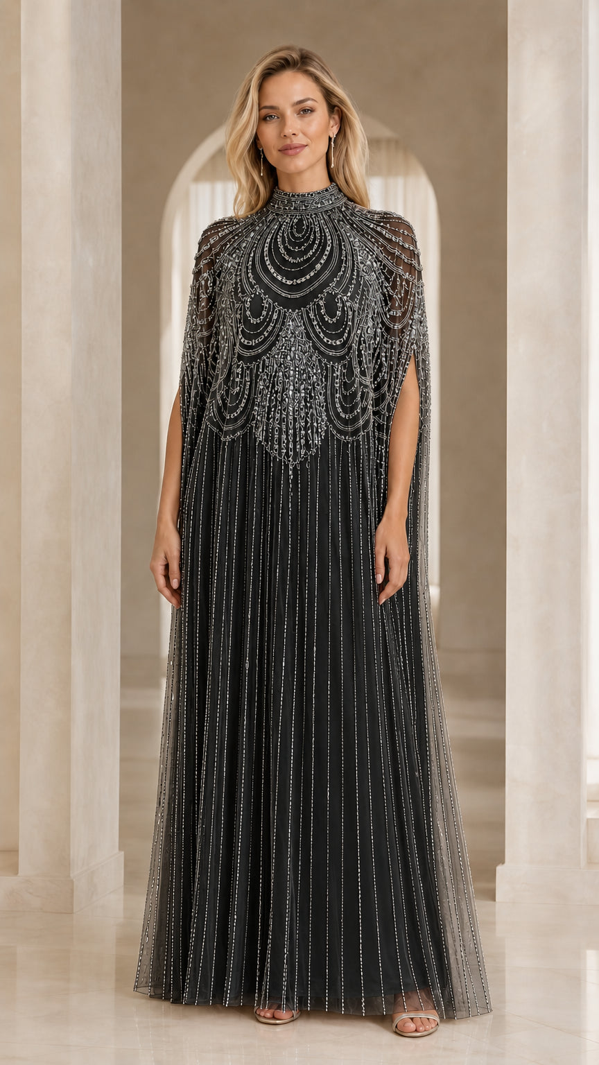 Black high neck beaded cape formal maxi dress