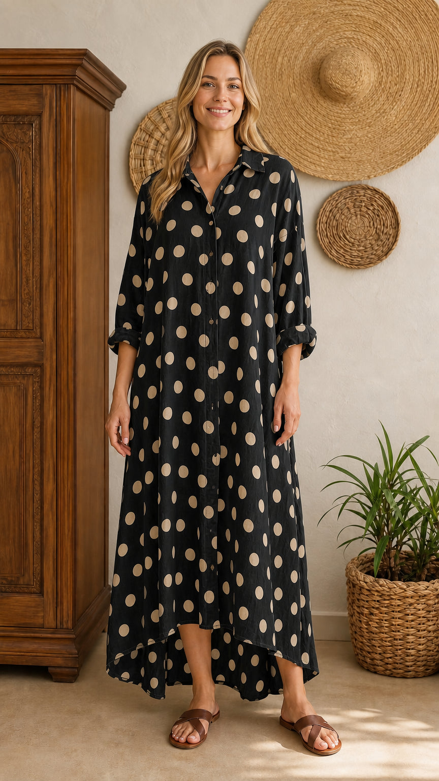 Front view of black polka dot maxi shirt dress on model