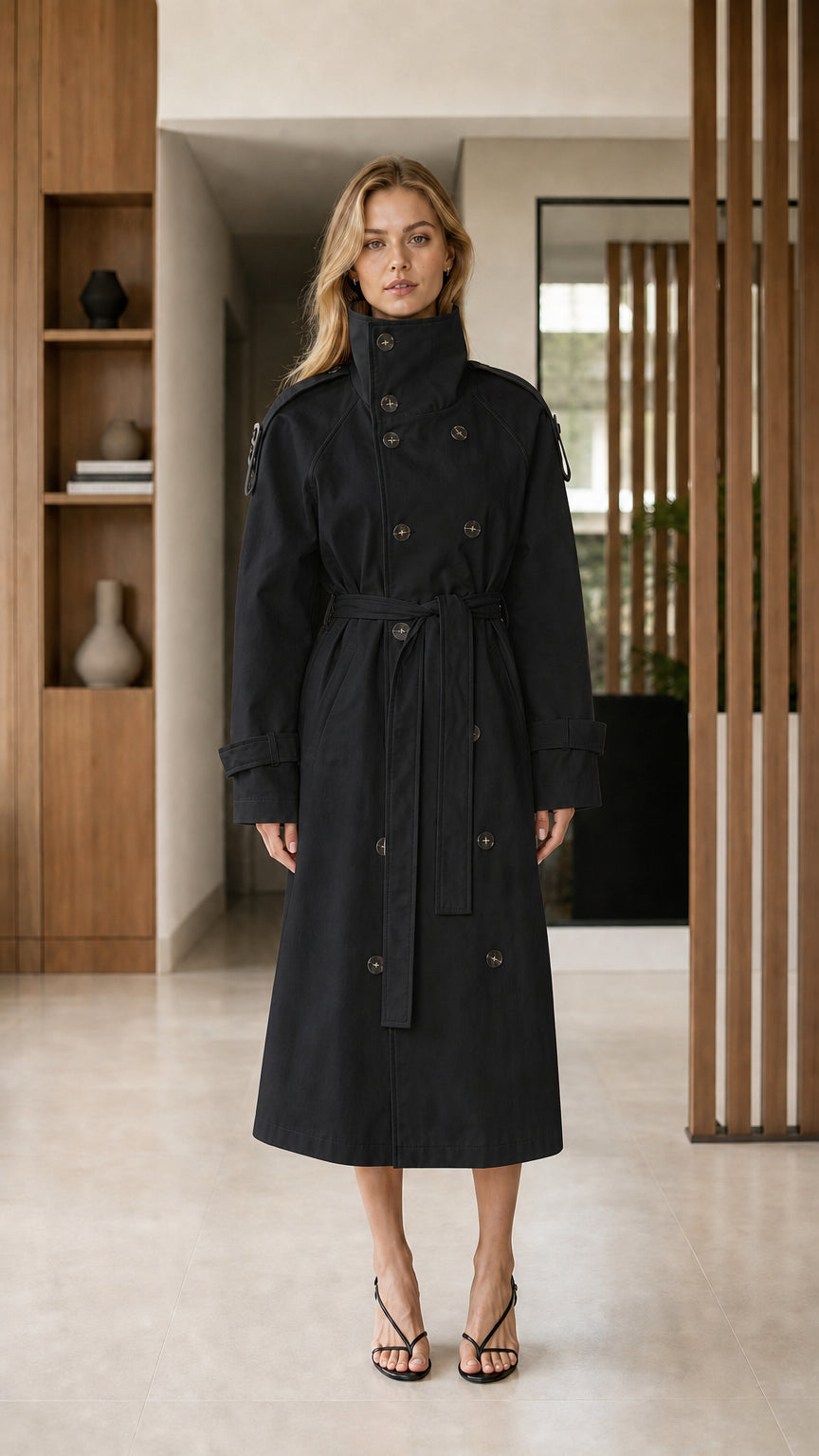 Front full-length view of Black double-breasted high neck belted trench coat