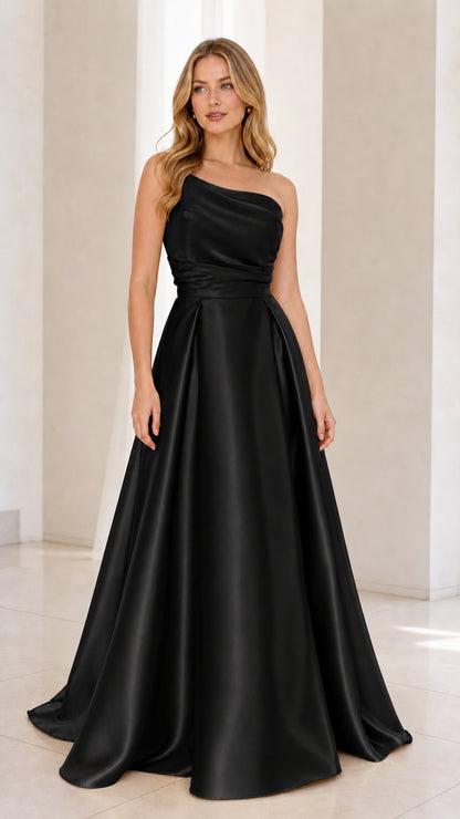Front view of black one-shoulder satin evening dress