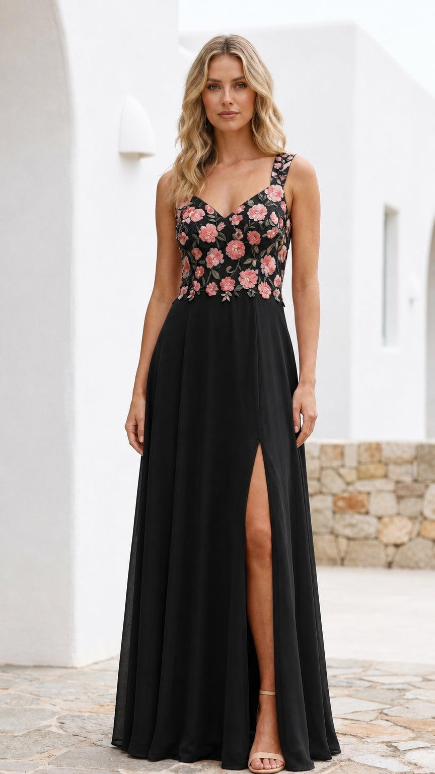 Front view of black floral embroidered maxi dress