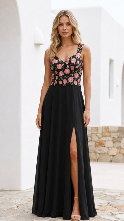 Front view of black floral embroidered maxi dress