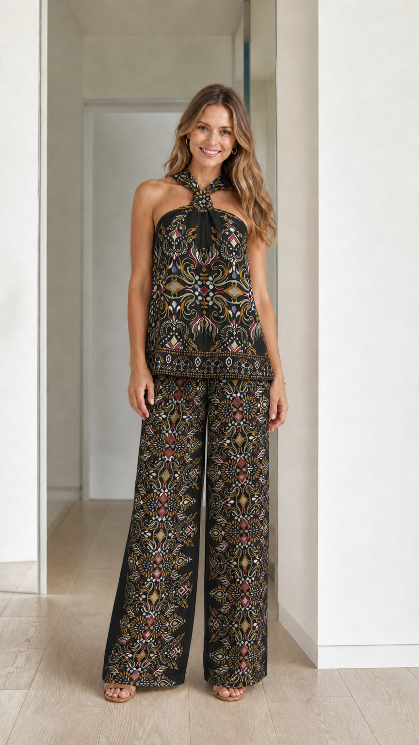 Model wearing black boho printed two-piece set