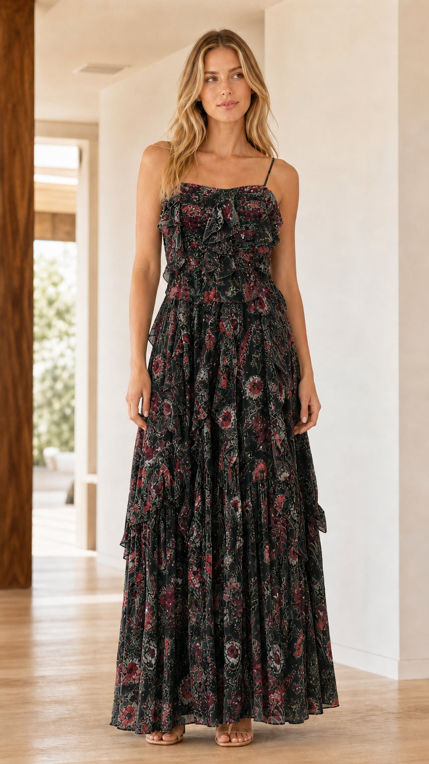 Front view of model wearing Black floral ruffle tiered maxi dress