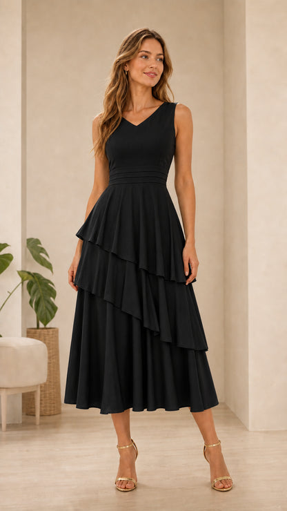 Elegance Tiered V-Neck Midi Dress in Black