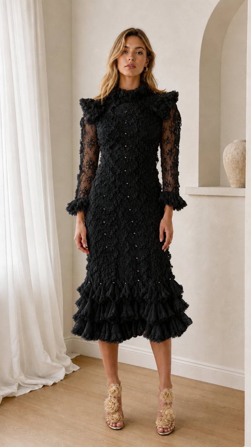 Front view of black ruffled lace midi dress