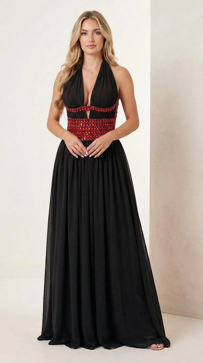 Black halter plunge chiffon maxi dress with contrasting red beaded waist
