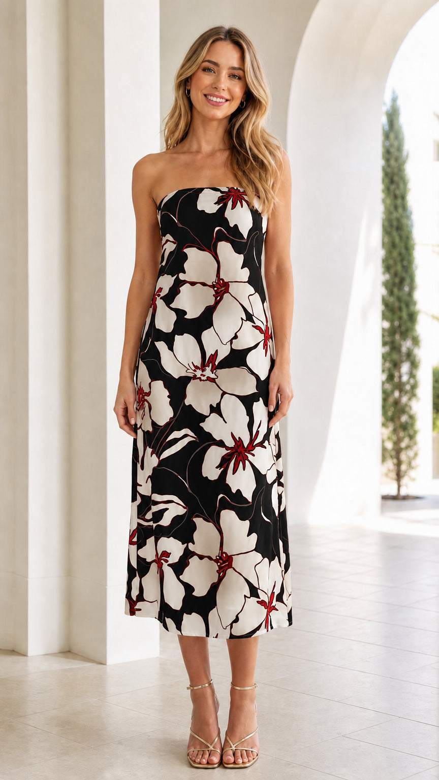 Front view of black and white floral strapless midi dress variant
