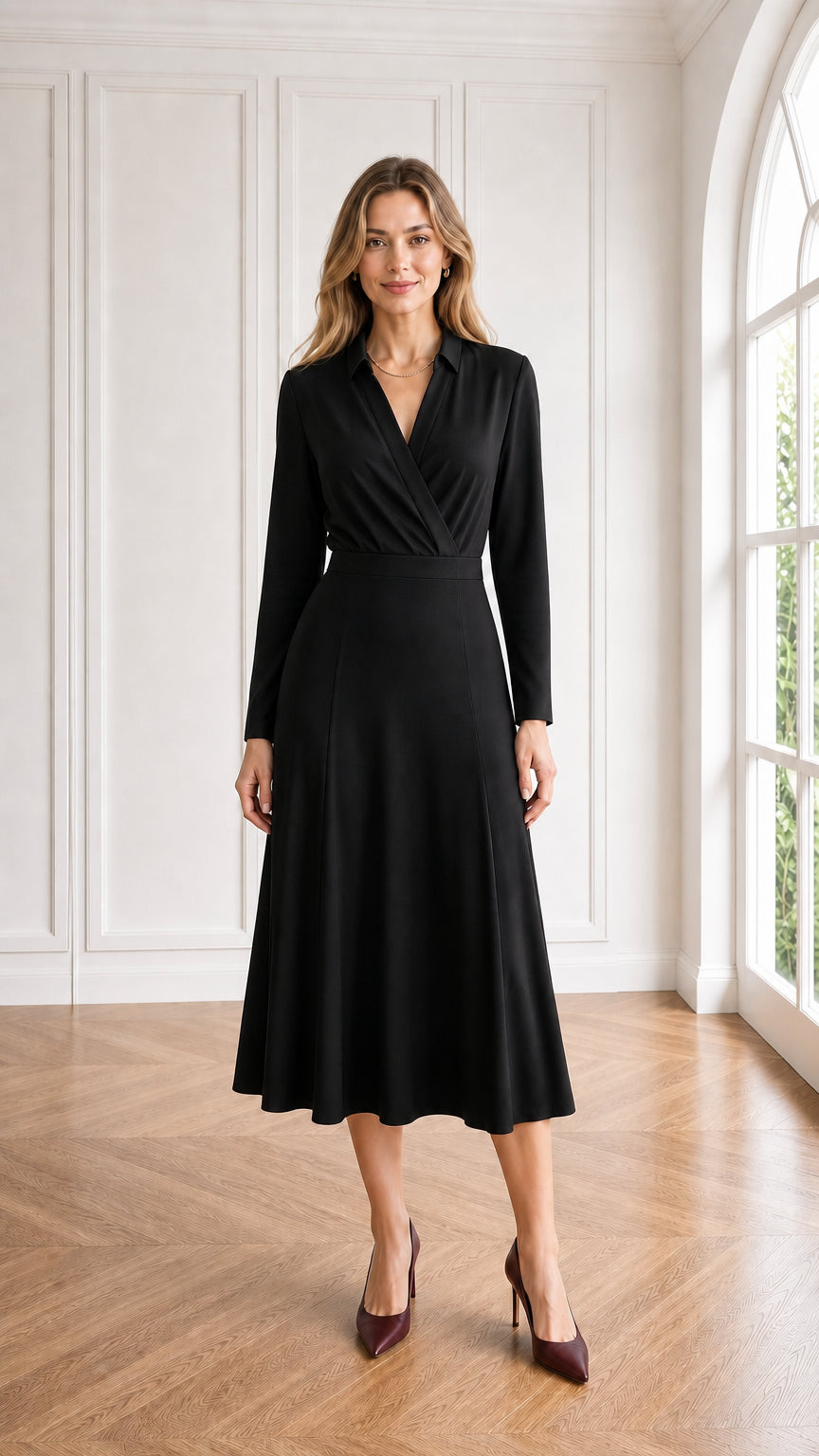 Black collared wrap long sleeve midi dress on model