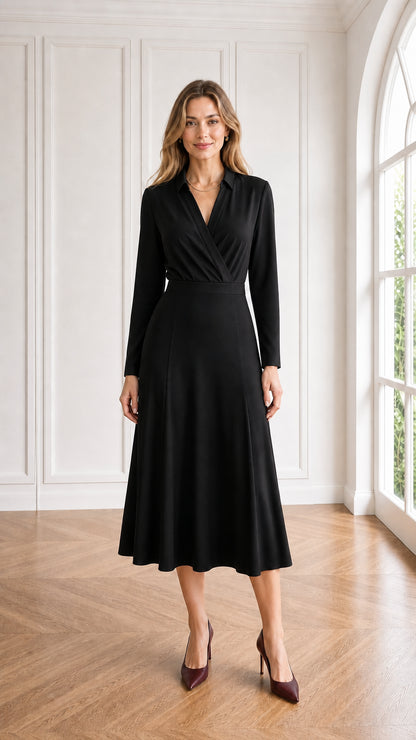 Black collared wrap long sleeve midi dress on model