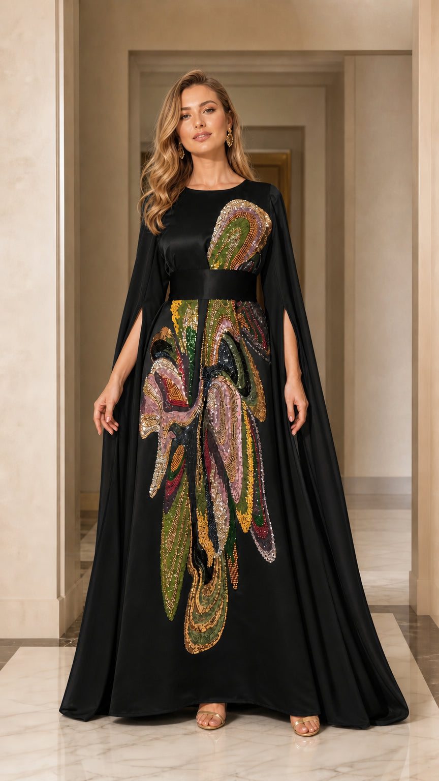 Front view of black evening dress with cape sleeves