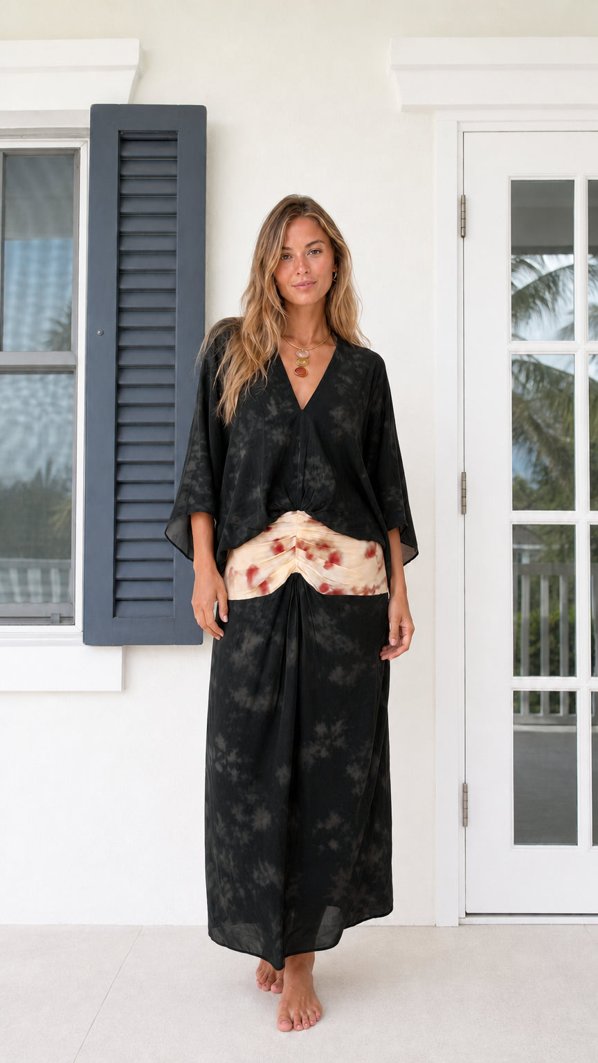 Front full-length view of model wearing Black boho kimono sleeve maxi dress