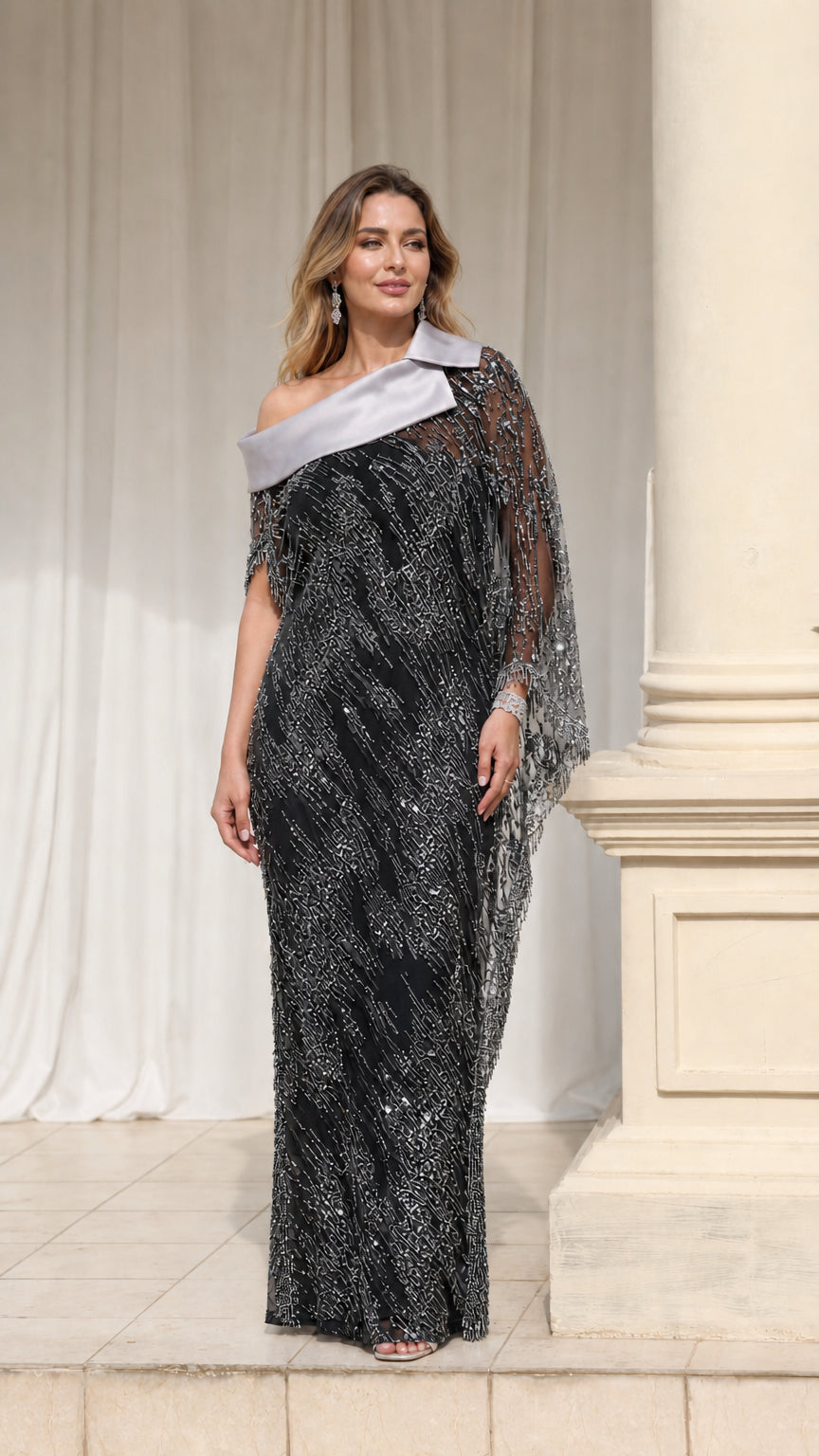 Black sequin asymmetrical lapel capelet evening gown