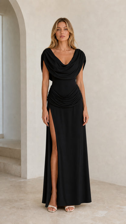 Front view of model wearing Black evening gown