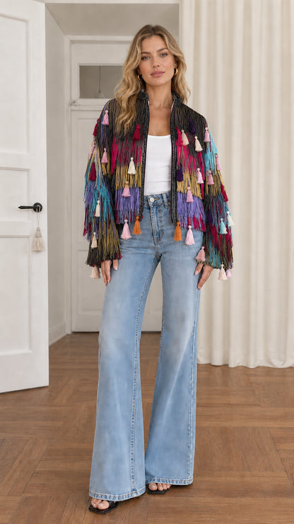 Full-length shot of model wearing black multi-tone fringe tassel jacket