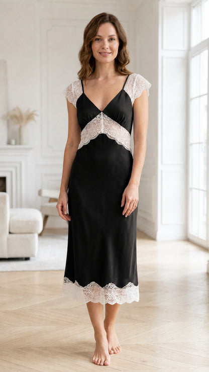 Woman wearing black satin lace trim midi nightgown
