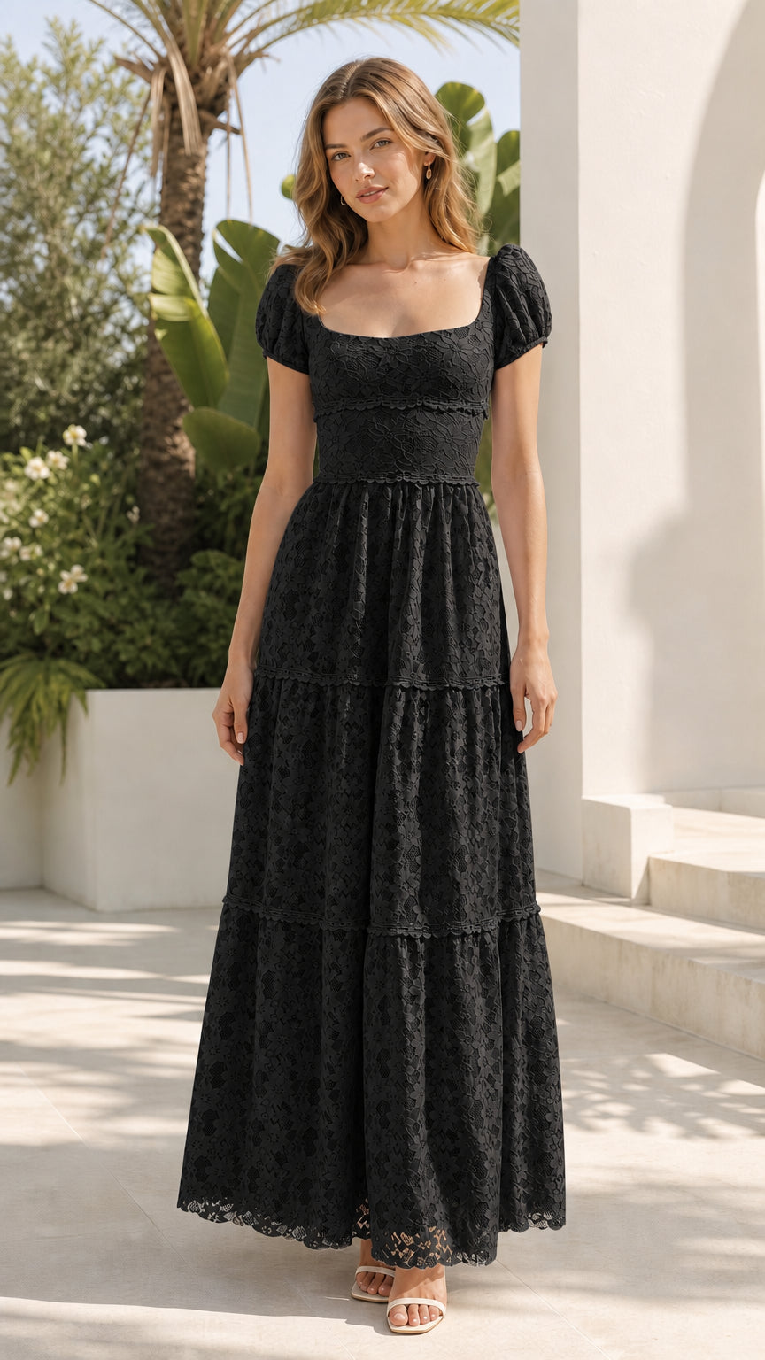 Model wearing black floral lace maxi dress