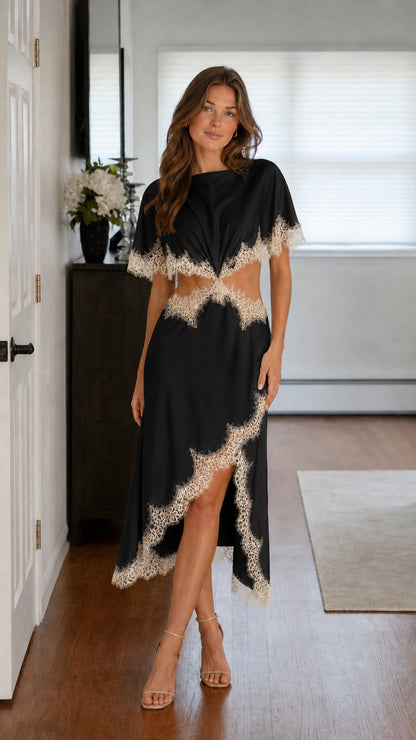 Front view of black satin lace-trim cutout midi dress