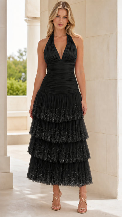 Black halter neck tiered midi dress front view