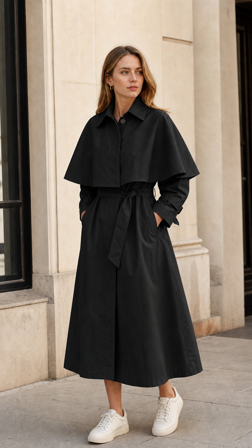 Front view of model wearing black capelet belted midi trench coat
