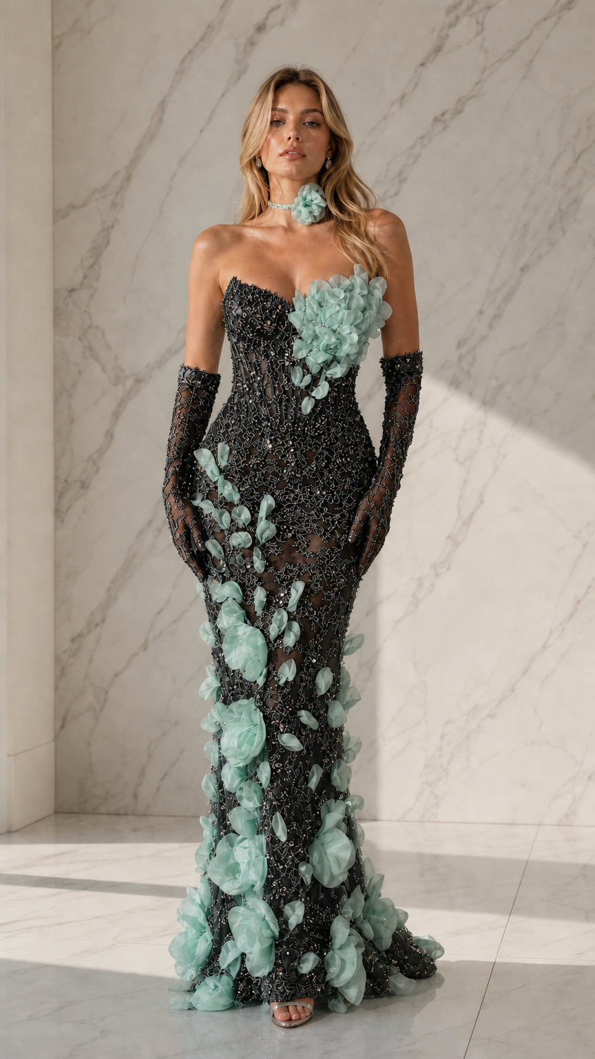 Black evening gown with contrasting mint floral details and gloves