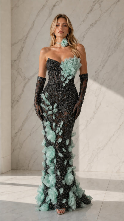 Black evening gown with contrasting mint floral details and gloves