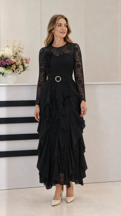 Black long sleeve lace cascade ruffle formal evening gown