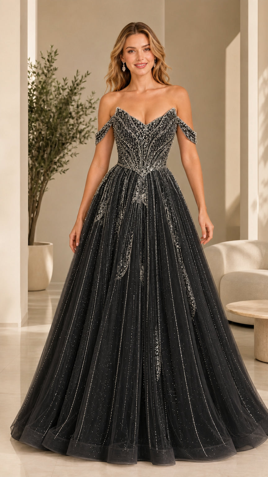 Front view of black beaded tulle ball gown