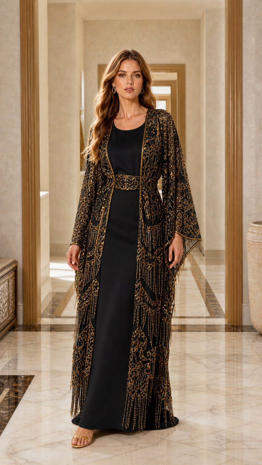 Full length view of black sequin cape maxi dress set