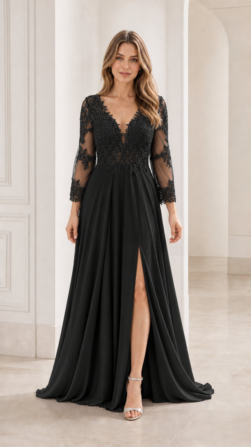 Full front view of the black evening gown