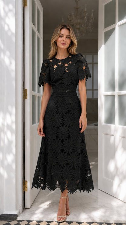 Front view of black floral embroidered lace A-line midi dress