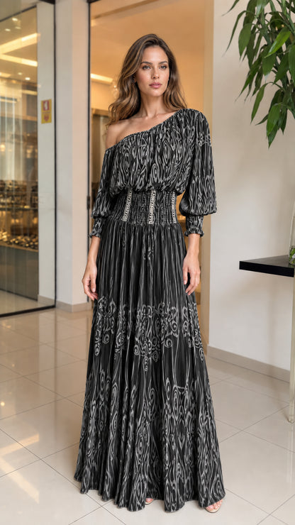 Model wearing Black one-shoulder maxi dress