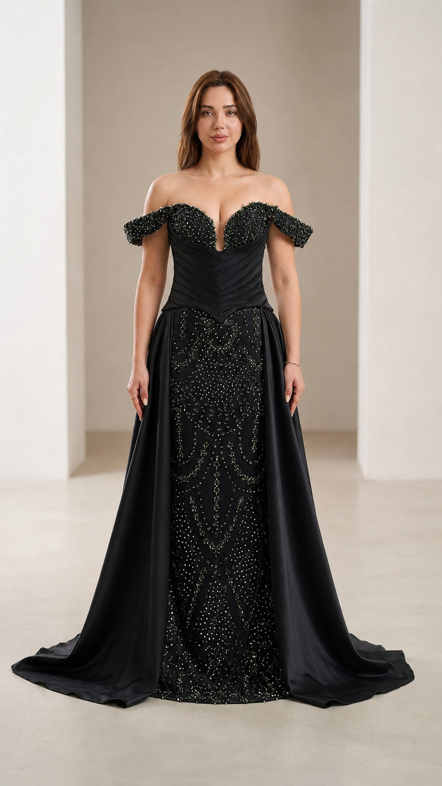 Front view of black beaded formal gown