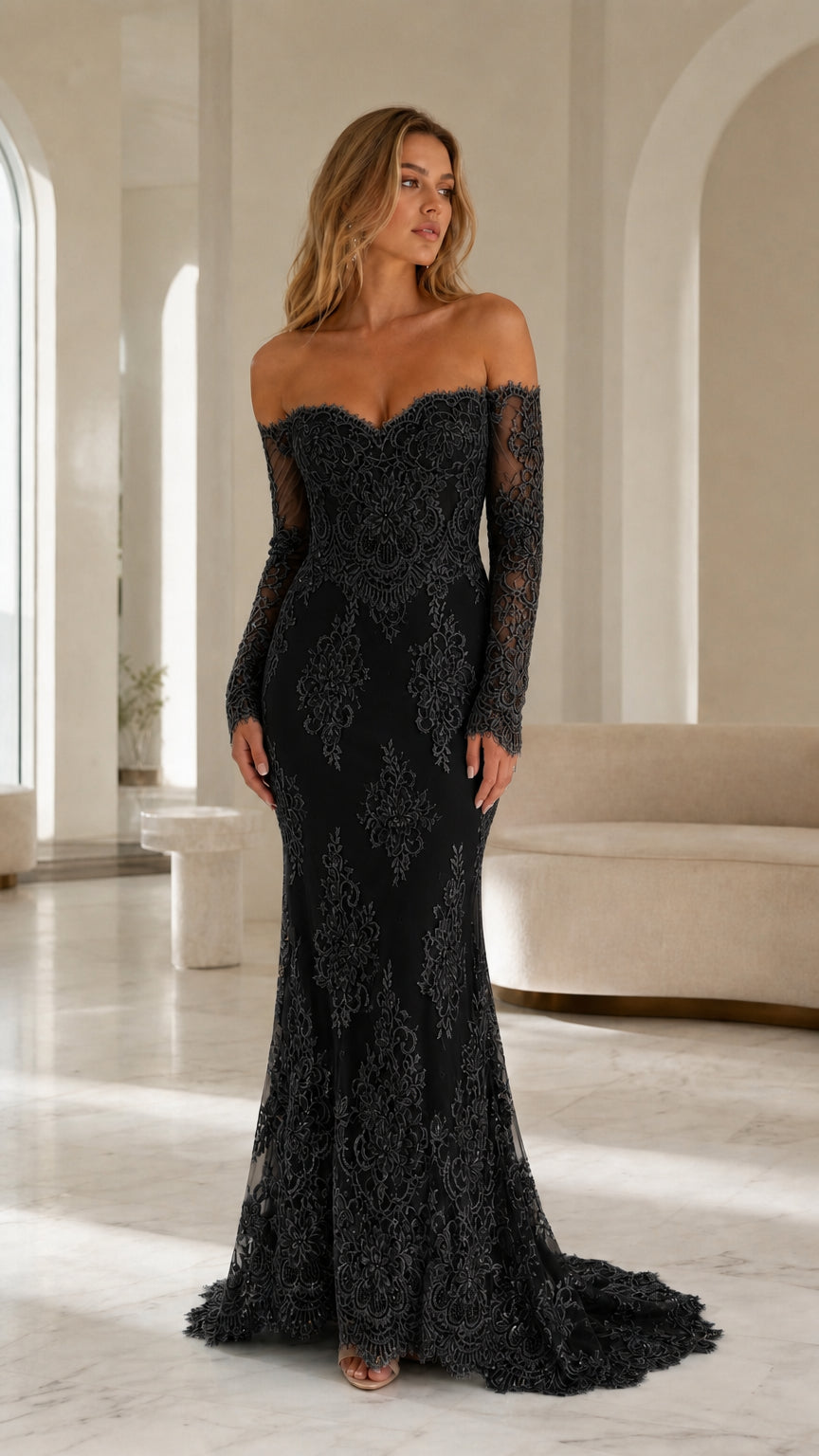Model wearing black off-the-shoulder lace evening gown