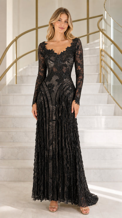 Front view of black long-sleeve lace evening dress
