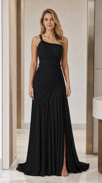 Model wearing black one-shoulder evening gown