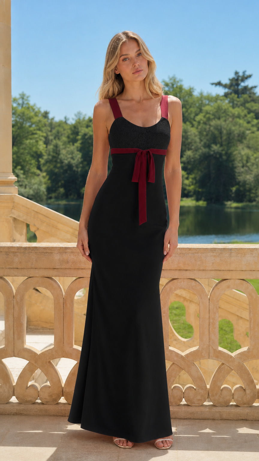 Elegance Contrast Bow Long Maxi Dress in Black