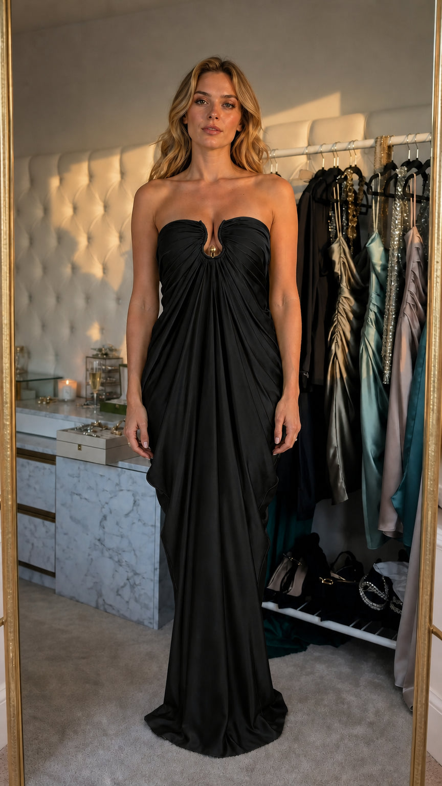 Model wearing black satin strapless draped evening dress