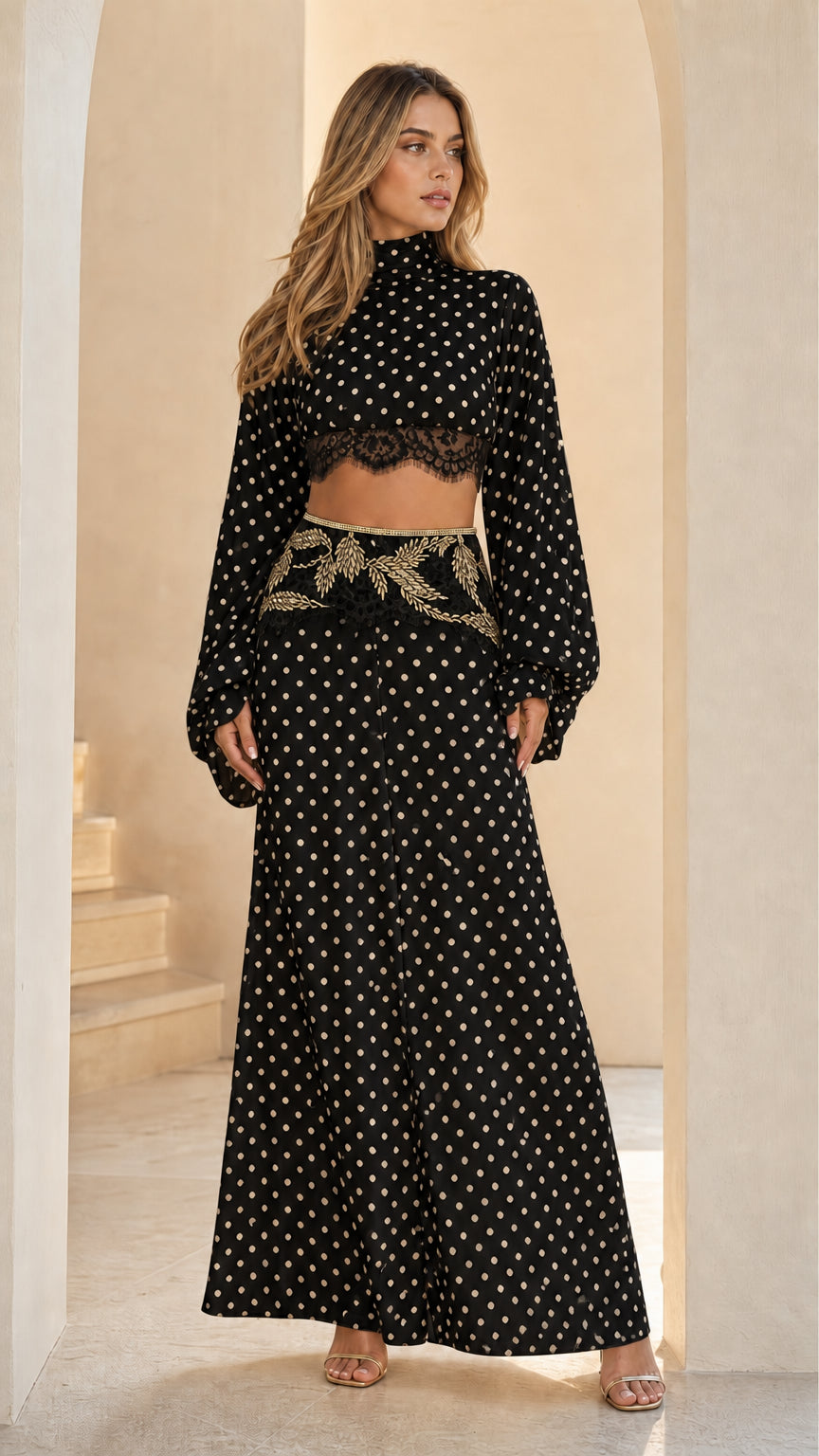 Black polka dot mock neck crop top and matching maxi skirt two-piece set