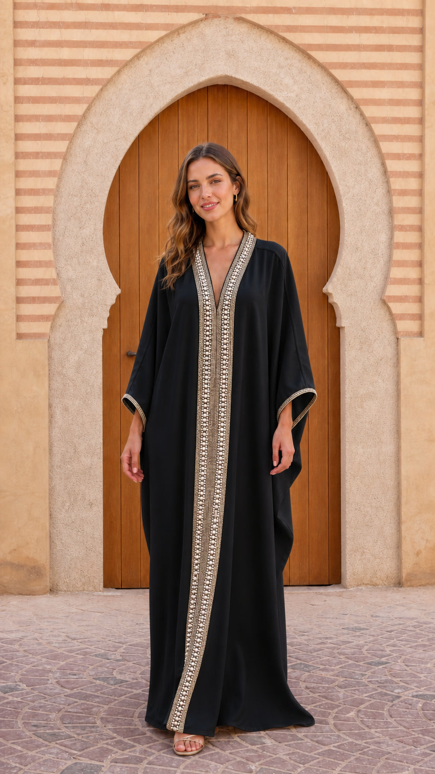 Front view of model wearing Black pearl-trimmed maxi kaftan dress