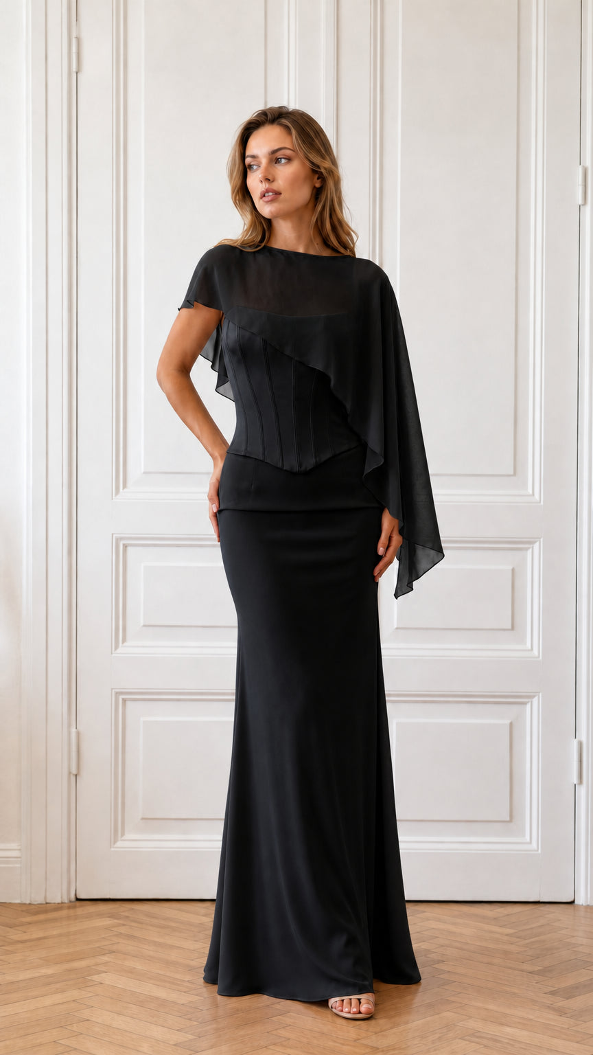 Model wearing black formal cape evening dress