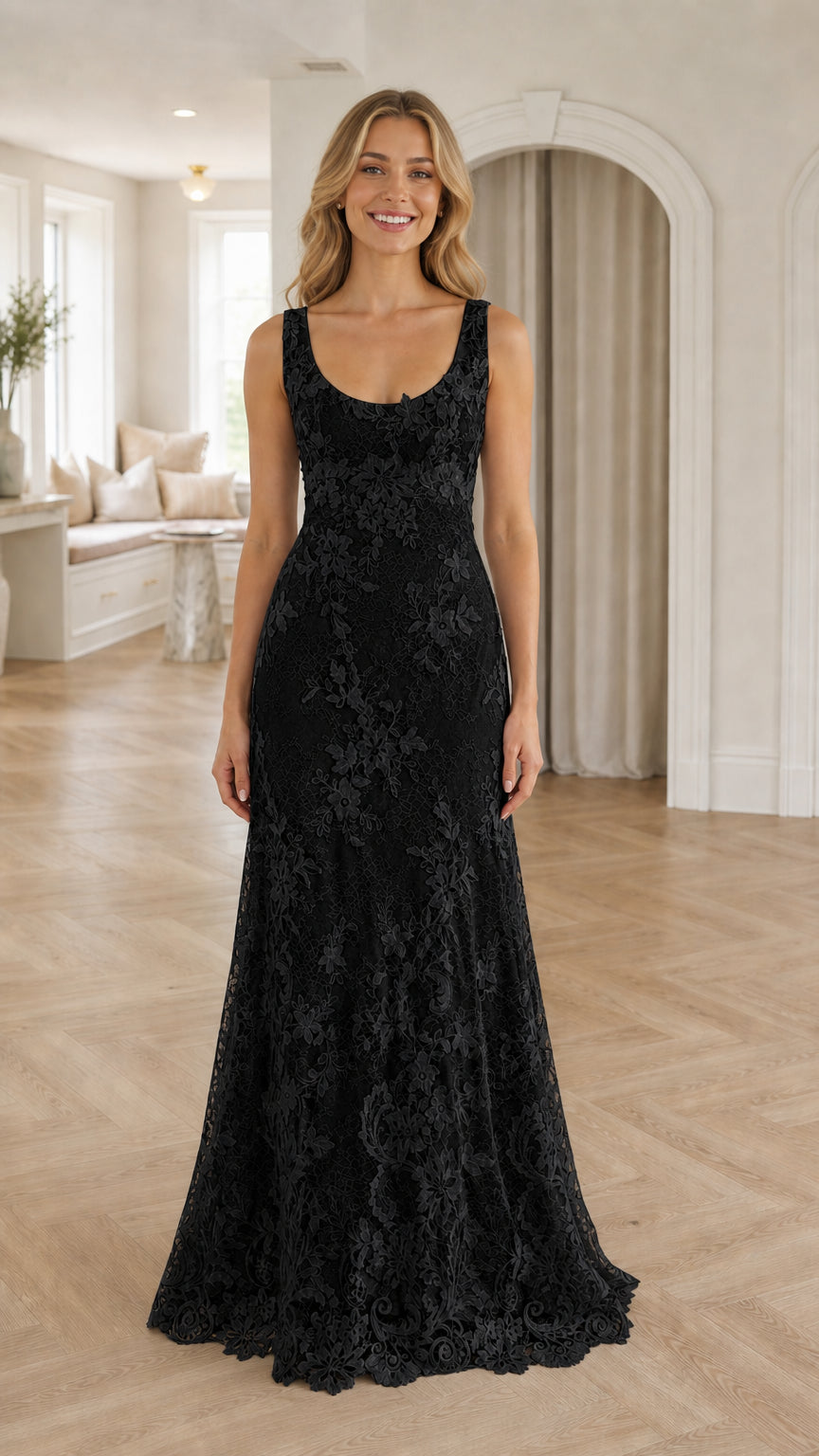 Front view of model wearing black floral lace formal long dress