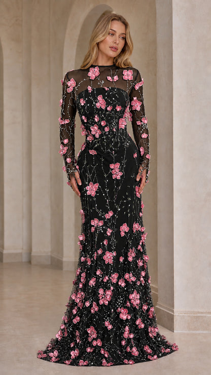 Black evening gown with contrasting pink 3D floral appliques and beaded embellishments