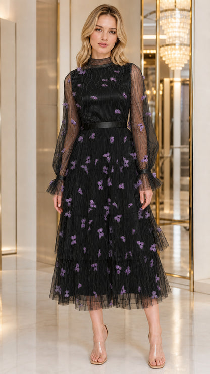 Classic black long sleeve tiered tulle midi dress with purple butterfly embellishments