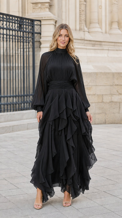 Model wearing black high neck tiered ruffle chiffon evening maxi dress